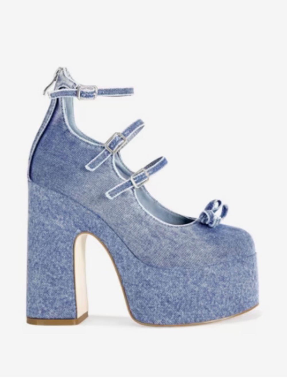 Denim Triple-Strap Platform Mary Jane Heels - Blue